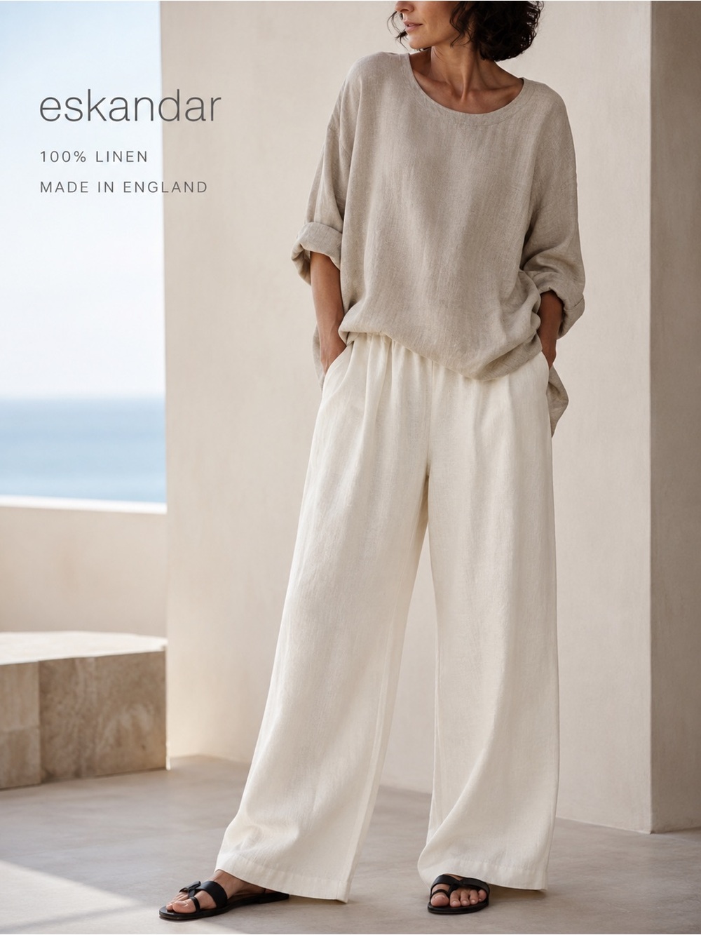 Eskandar 100% Linen Pull-On Wide Leg Pants Ivory England Size 2 - Picture 16 of 16